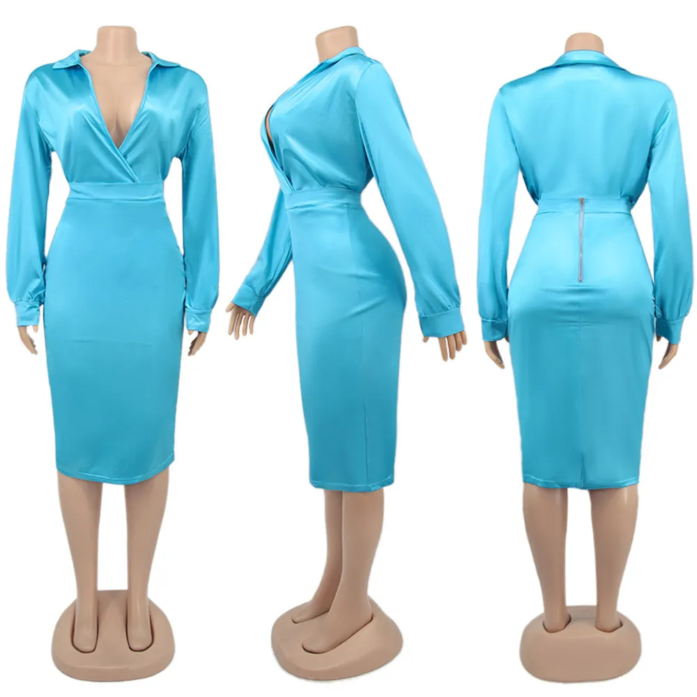 

Pure Color Fashion Women's Lapel L-5XL Plus Size Casual Two Piece Set Clubwear Outfit Long Sleeve Top and Knee Length Skirts