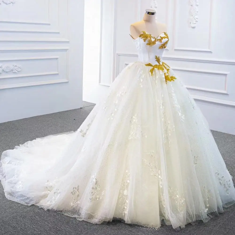 Elegant Ball Gown Wedding Dress Long Train Gold Beads Lace Wedding Gown Bridal Sweetheart Neck Lace Up Back
