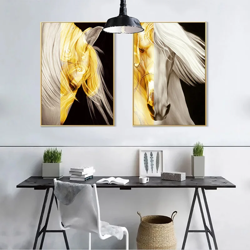 

Golden Horse Wall Poster Contemporary Art Abstract Canvas Print Modern Style Painting Decorative Picture Living Room Decoration