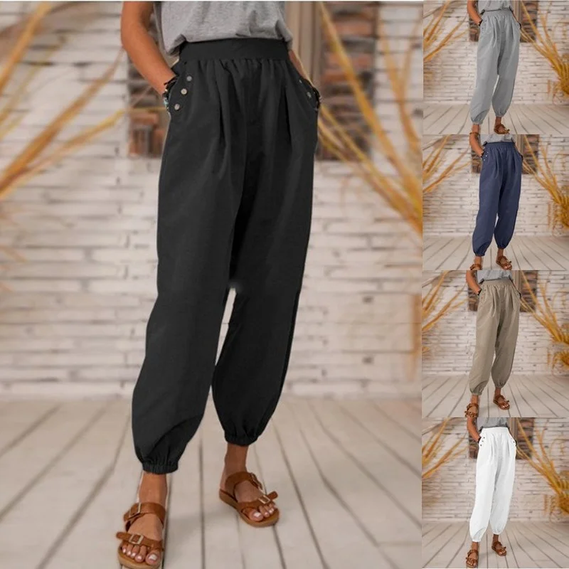 

Lugentolo Pants for Women Summer New High Waist Bloomers Solid Color Plus Size Elastic Waist Casual Trousers