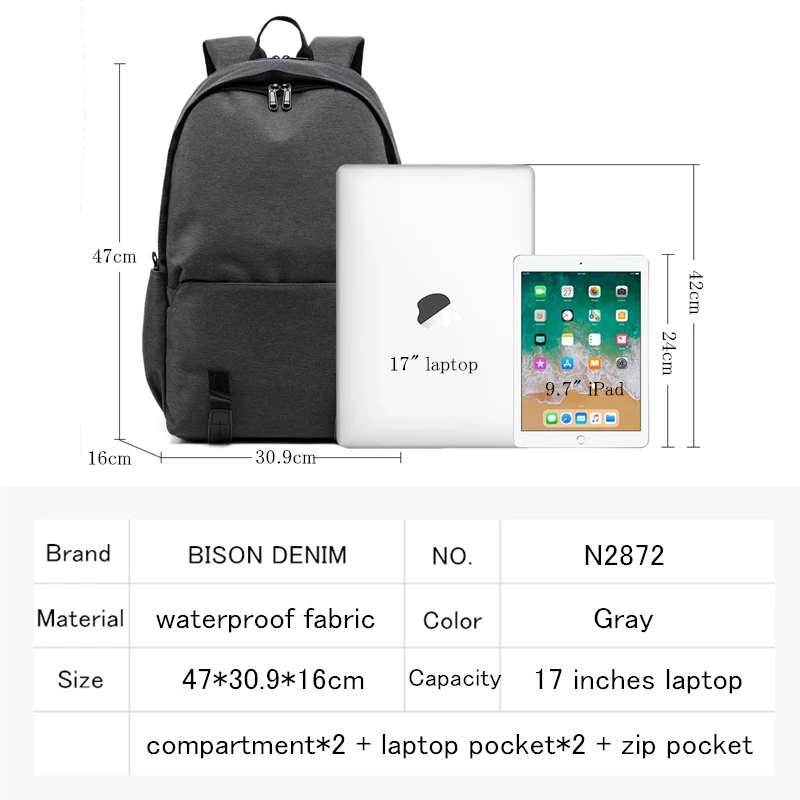 Деловой мужской рюкзак BISON DENIM для офиса с зарядкой от usb 17 дюймов ноутбука мужские