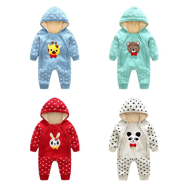 Newborn Baby Girl Boy Autumn And Winter Plus Cotton Hooded Jumpsuit Climbing Suit Cartoon Double Zipper | Мать и ребенок