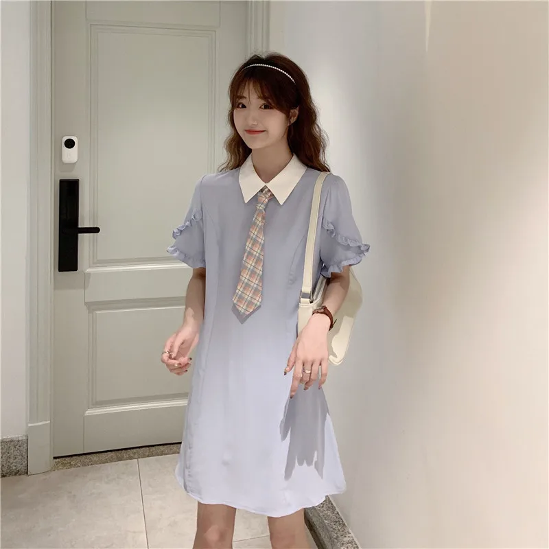 

Spring and Summer Women's Clothing Korean Style Student Ruffle Sleeve Polo Collar Short Sleeve Skirt Loose Show Fashionable