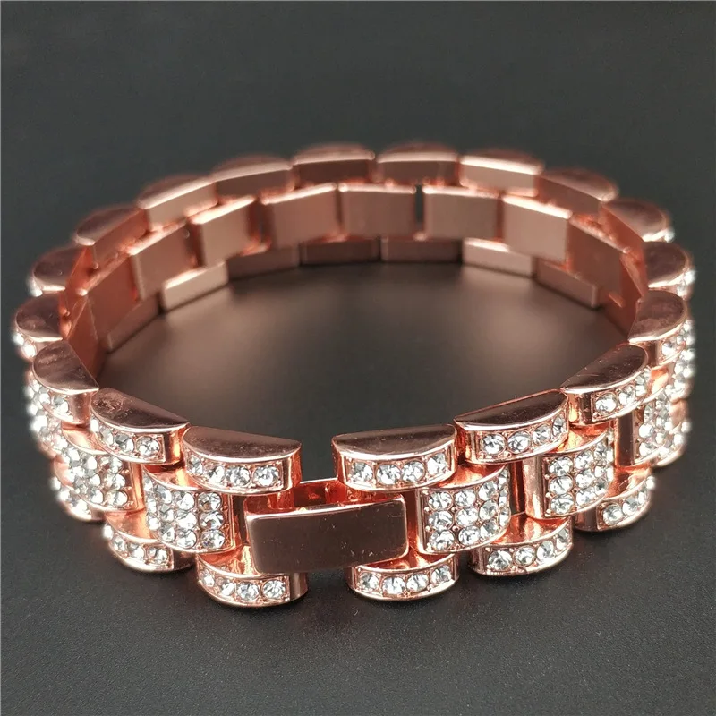 

15mm 20cm Men Copper Solid Metal Watch Band Strap Bracelet Watchband Wristband Bracelets Rose Gold Color Hiphop Wrist Strap Link