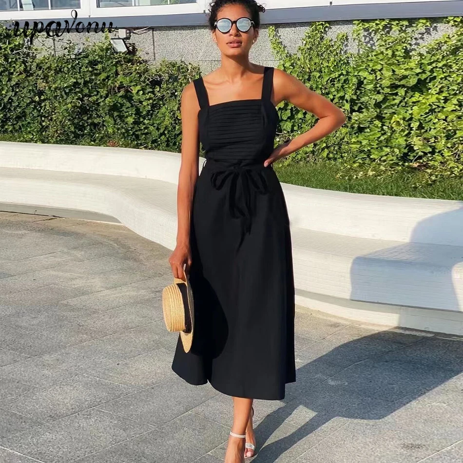 

Free Shipping Black Elegant Strap Midi Dress 2021 Summer New Women's High Waist Lace A-line Dress Vacation Evening Party Vestido