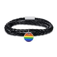 2021 lgbt stainless steel pu leather three ring rainbow titanium steel bracelet for men and women multi layered round medal