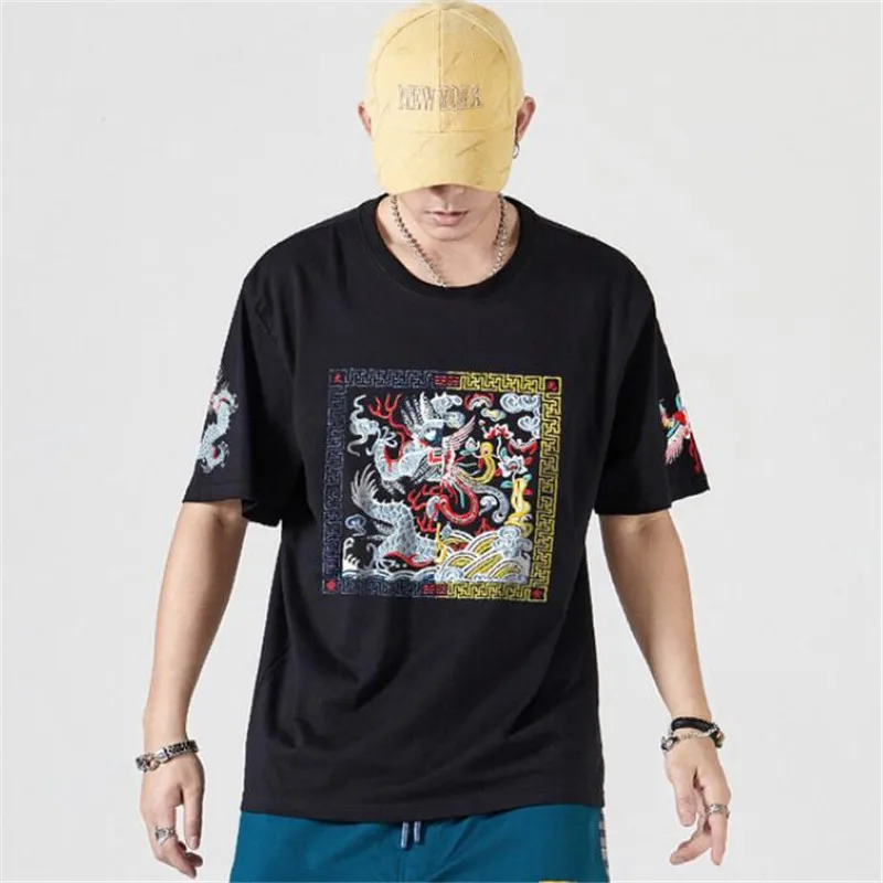 Футболка мужская с вышивкой дракона и феникса в стиле хип-хоп | Мужская одежда