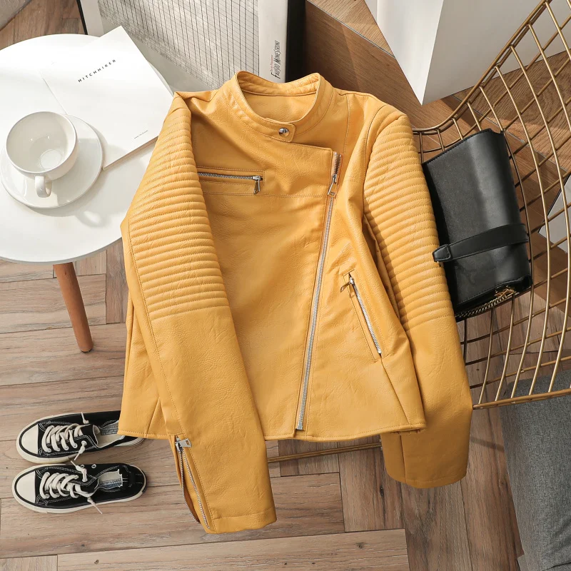 

ZQLZ Autumn Faux Leather Coat Woman 2021 Casual Biker Moto Pu Outwear Female Streetwear Black Yellow Spring Leather Jacket Women