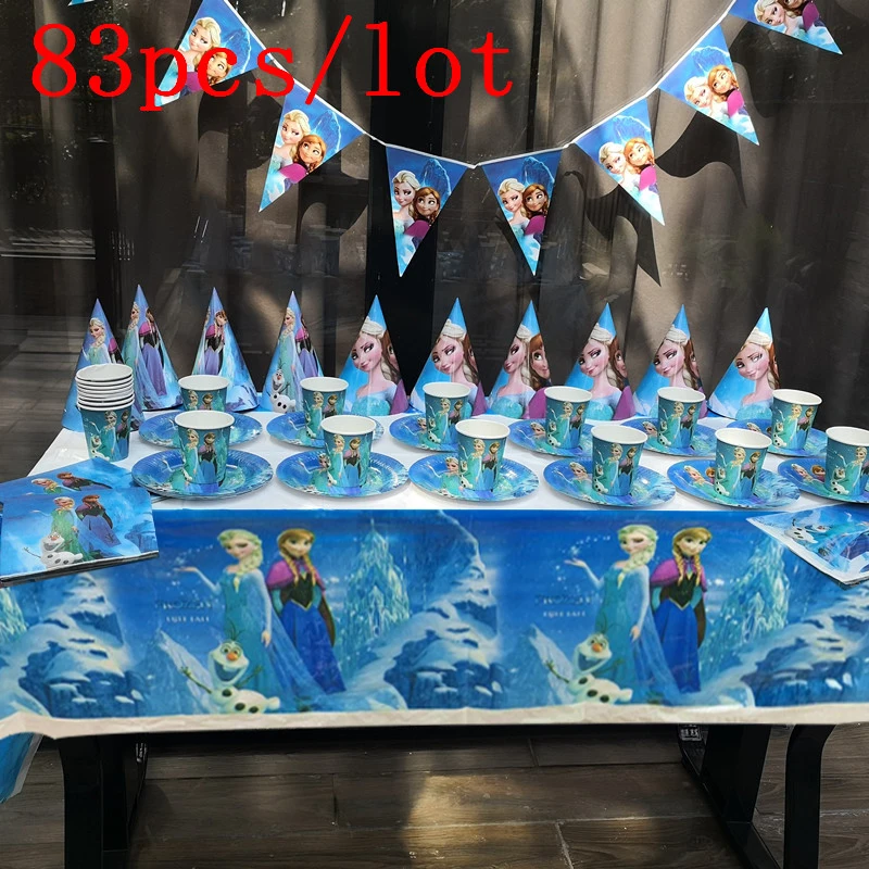

83Pcs Disney Frozen Theme Cup Plate Napkin Kid Birthday Party Decoration Party Event Supplies Favor Items For Kids 10 People use