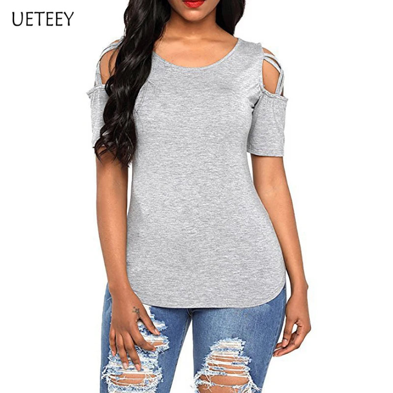 

2021 summer women's hollow design round neck short sleeve strapless women's blouse T shirt female camisetas de mujer crop top