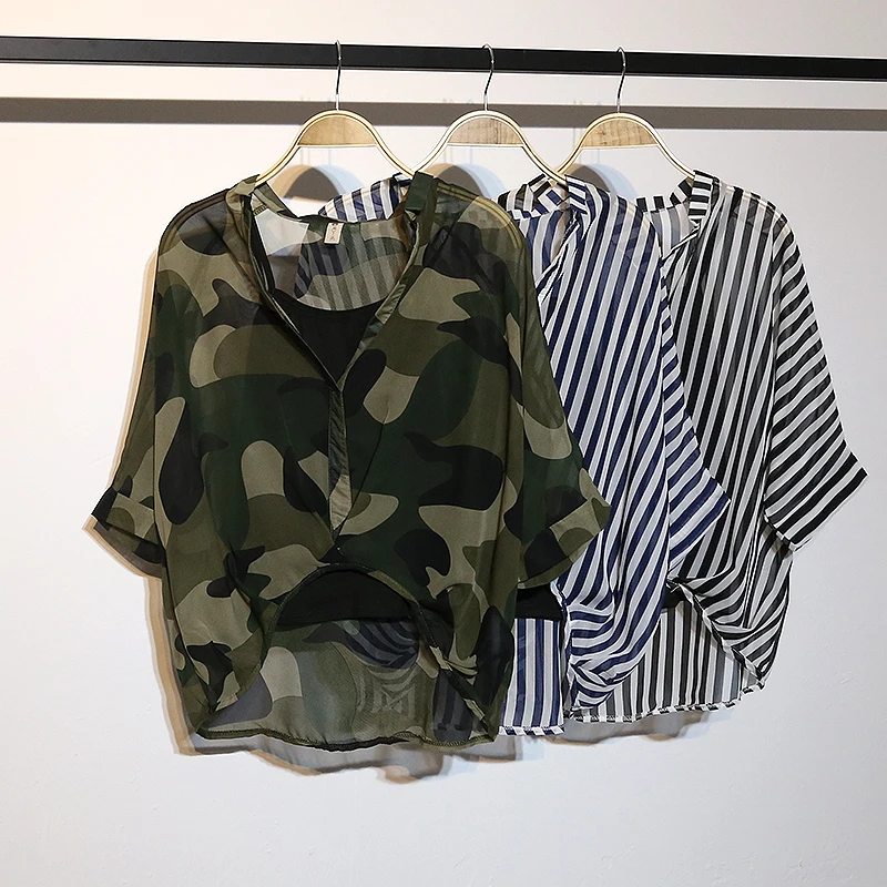 Свободные повседневные блузки с рукавом летучая мышь в полоску леопардовым