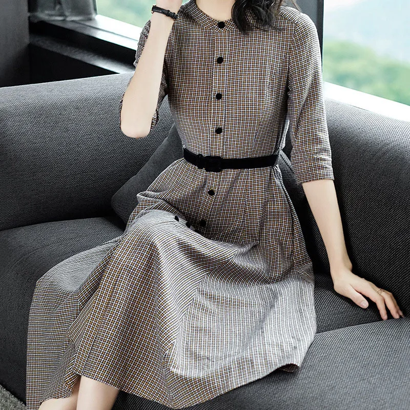 2019 осеннее платье Профессиональный воротник длинный ретро плед для похудения