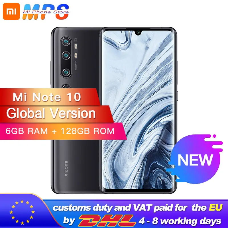 Xiaomi Note 10 с глобальной версией, 6 ГБ, 128 ГБ, 5260 МП, пента-камера, смартфон, аккумулятор мАч, 10х оптический зум, двойной изогнутый экран