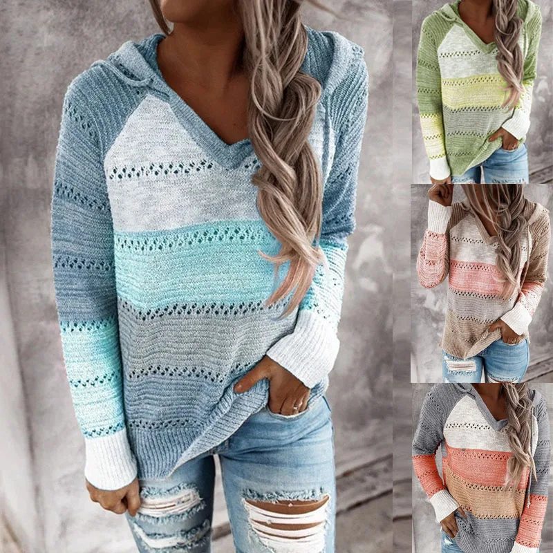 

2020 Patchwork Pullover Frauen Casual Striped Kapuze Gestrickte Pullover Tops Mode Langarm V-ausschnitt Weibliche Pullover