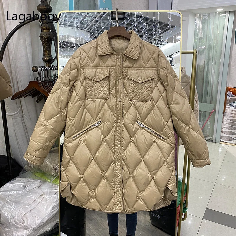 

Lagabogy 2021 New Winter Ultra Light 90% White Duck Down Coat Long Sleeve Warm Parka Female Casual Single Breasted Puffer Jacket