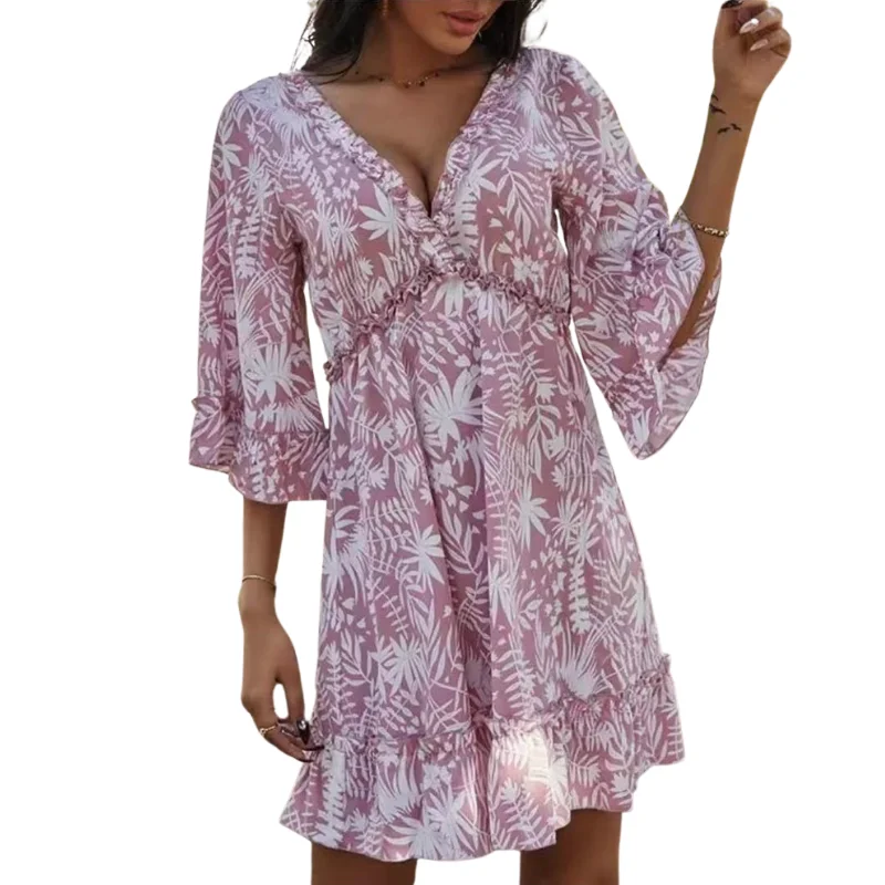 

2021 Summer Boho Leaves Mini Dress Women V Neck Holiday Beach Dresses A Line Half Sleeve Ruffles Backless Dresses Vestidos