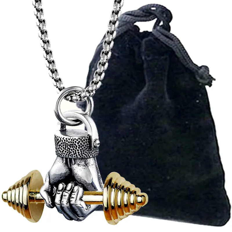 

Hip hop pendant necklace long chain retro fist dumbbell pendant necklace stainless steel chain sports jewelry