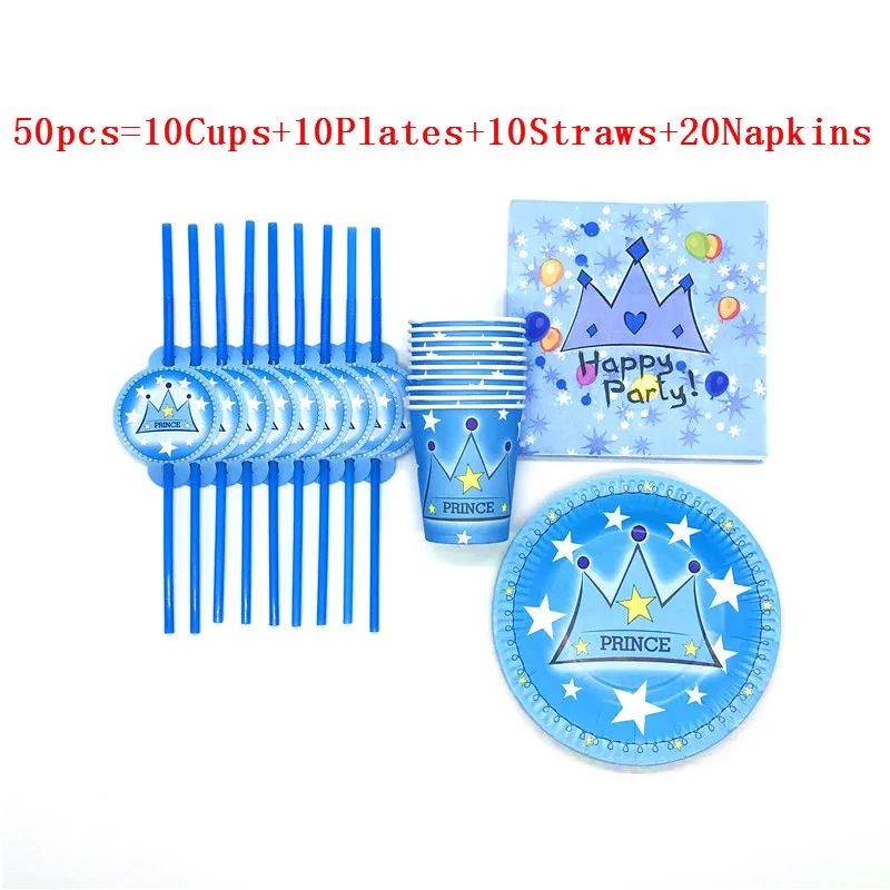 

Blue Prince Crown Birthday Party Decorations Napkin Straw Disposable Tableware Paper Cup Plate Favors Baby Shower Party Supplies