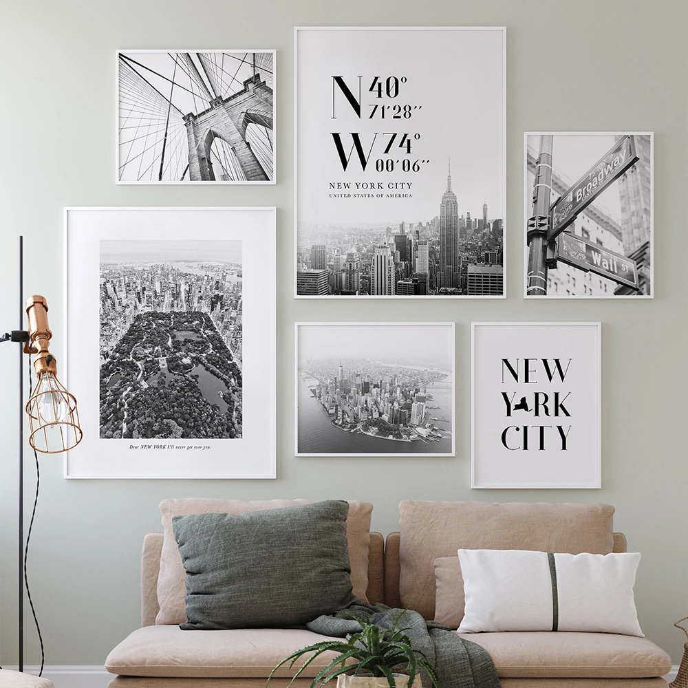 

Black and White Monochrome Canvas Painting New York NYC Brooklyn Travel Printed Poster Wall Art Pictures For Living Room Bedroom