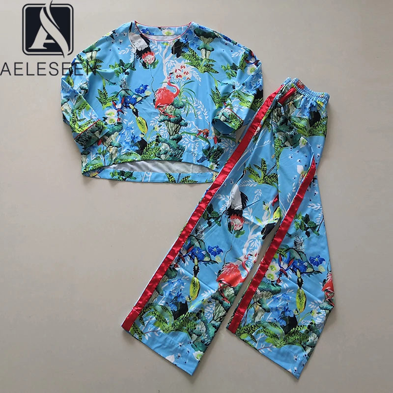 

AELESEEN 2021 Spring Summer Casual Sets Flower Birds Print Loose Blouse+Full Lenght Elastic Pants Fashion 2 Pieces Sets XXL