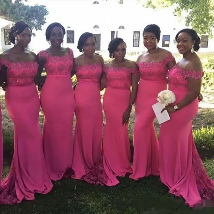 

African Off The Shoulder Mermaid Lace Appliques Bridesmaids Dresses Floor Length Black Girl Wedding Guest Prom Dresses