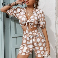 glamaker 2 piece suit set women knotted on the chest crop top and shorts with pocket female fashion casual dot printed suits new