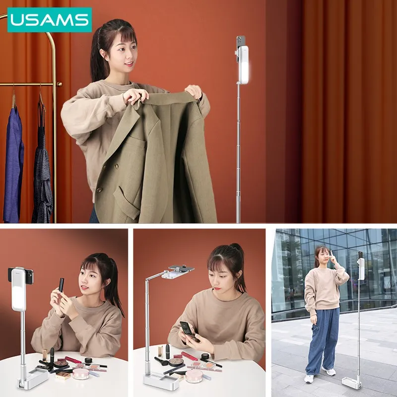 usams retractable live broadcast phone holder portable wireless control stand dimmable led fill selfie lights for live video free global shipping