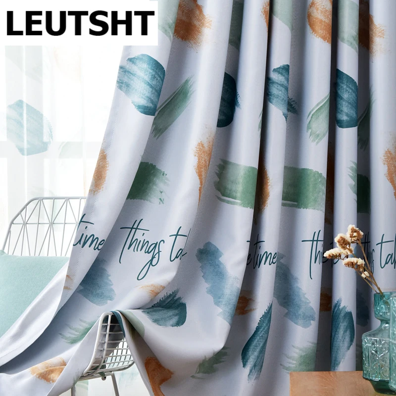 

2023 Nordic Bedroom Blackout Curtain Green Graffiti Pattern Curtain Window Curtains for Living Room Sheer Tulle and Curtain