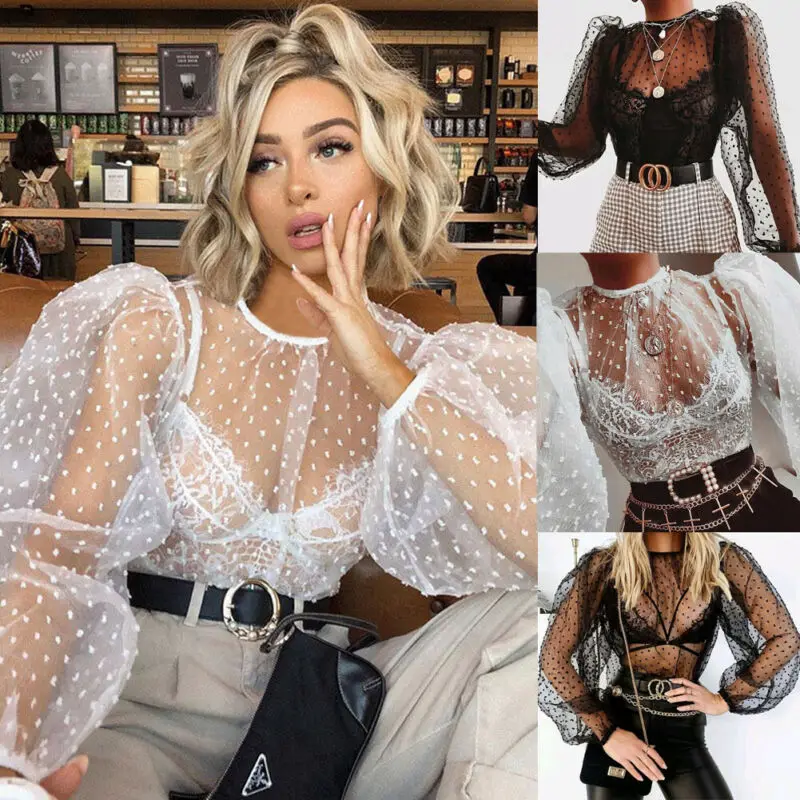 Женская прозрачная блузка черная белая сетчатая с длинным рукавом и круглым