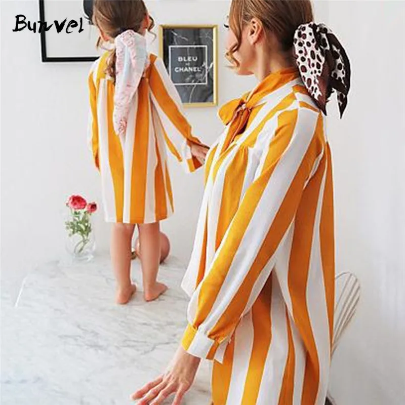 bunvel Autumn Mother and Daughter Dress Long Sleeve Yellow Striped Baby Dresses Girl Vestidos f | Мать и ребенок