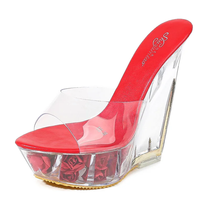 

South Korea super high heel sandals high thick soled transparent shaped crystal shoes waterproof platform 15cm slope heel