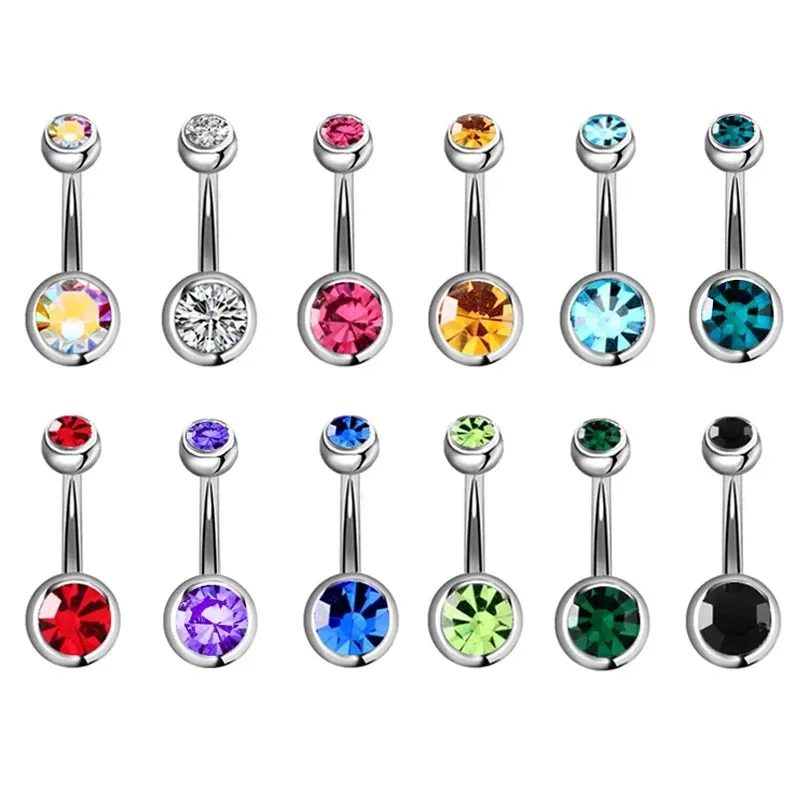 

Lot 1Piece 316l Surgical Steel Double CZ Gem Belly Button Rings Colorful Gem Navel Bar Piercing Fashion Charming Jewelry 14g