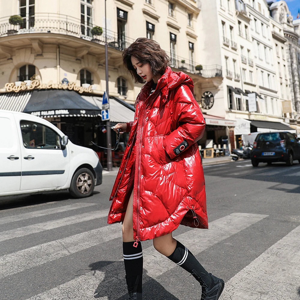 Высокое качество плотный длинный женский пуховик белый утиный пух с капюшоном на