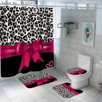 girly pink ribbon leopard waterproof shower curtain sets with leopard carpets toilet lid cover bath mats bathroom accessories