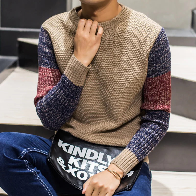 

Nice Spring Men's Clothing Casual Long-sleeved Sweater, Fashion Stitching Round Neck Sweater Men , Non-iron slim warm pullover