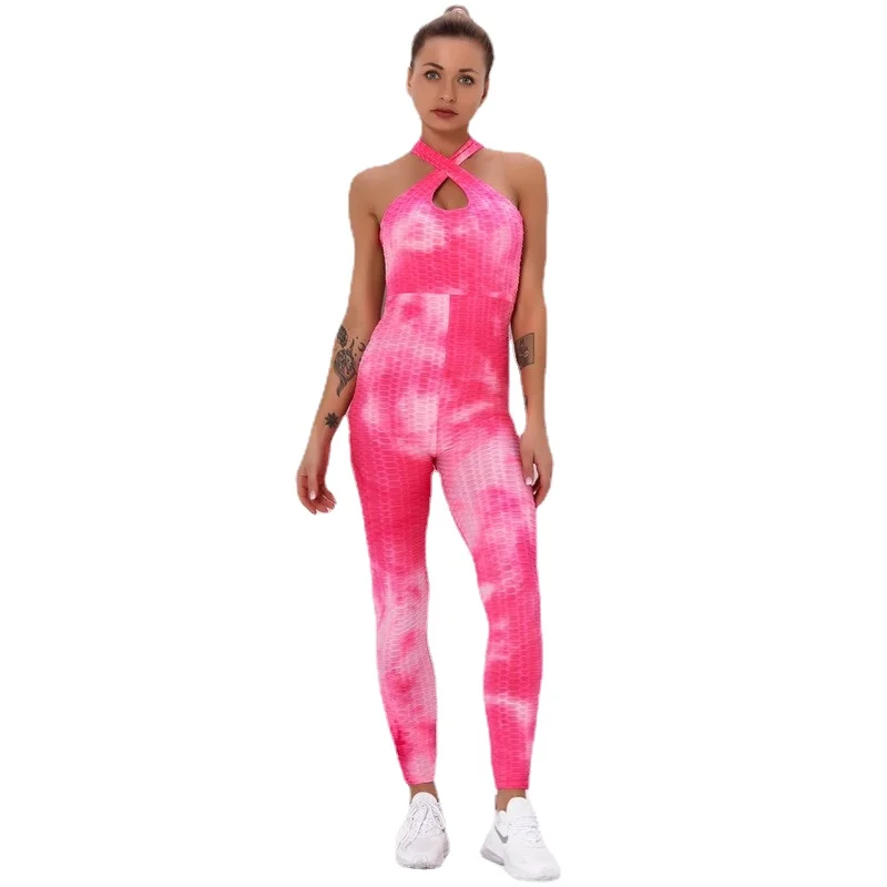 

Tie-dye jacquard bubble yoga pants ink painting slim and hip lifting jumpsuit suspenders yoga women