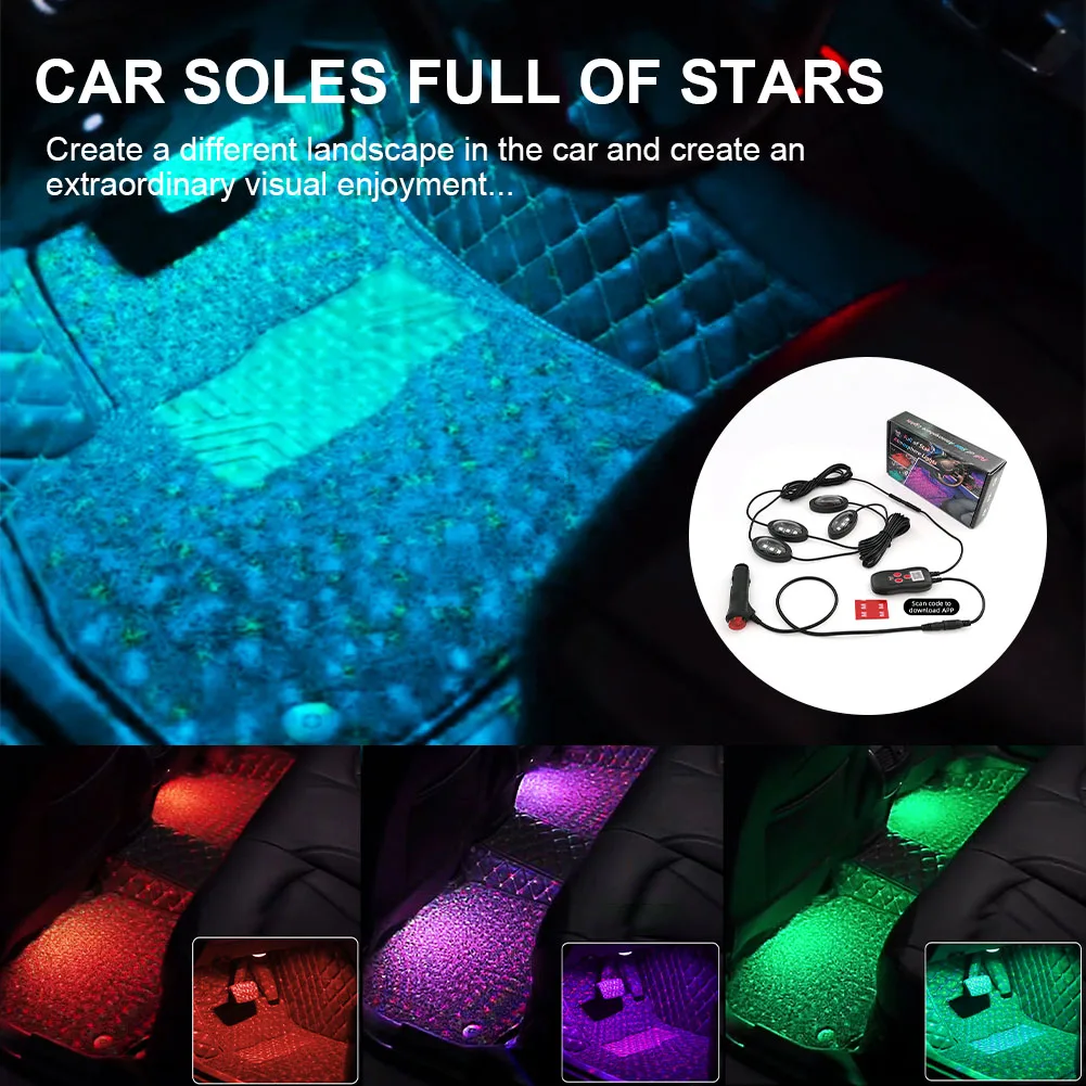 

Car Interior Lights 12v Star Projector Music Sync Ambient Lights 4 Led Lights with Adhesive Under Dashboard Carpet Lights