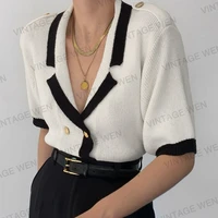 new retro beige large lapel short sleeved sweater for women trendy niche thin tops for women woman tshirts women shirts
