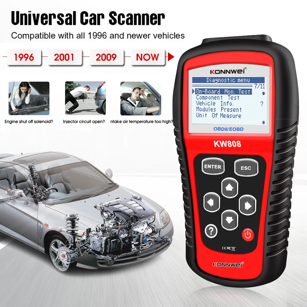 Konnwei KW808 кода неисправностей автомобиля OBD2 диагностический сканер EOBD MIL сбросить