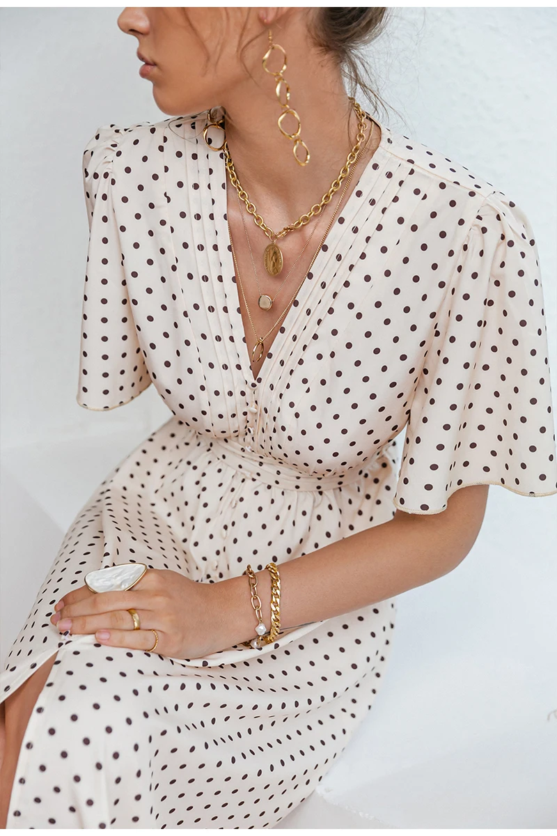 

polka dot uma linha vestido feminino manga sino cintura alta maxi vestido elegante senhora vestidos primavera summer2021