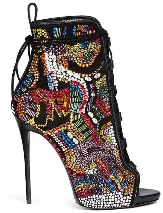 

Newest Crystal Covered Comic Open toe Lace up High Heel Ankle Boots Peep Toe Cut-outs Autumn Sandal Boots Multicolor Sexy Shoes