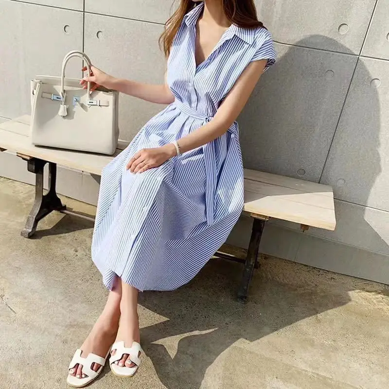 

Summer New 2020 Women Shirt Dress Striped Solid Multi Colors Sundress Casual Loose Female Clothing Vintage Fashion Long Dress