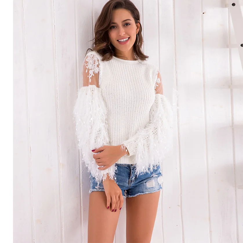 Spring and Autumn New Sweet Super Fairy Top Round Neck Pullover Long Sleeve Knitted Fringe Lace Panel Mohair Sweater | Женская одежда