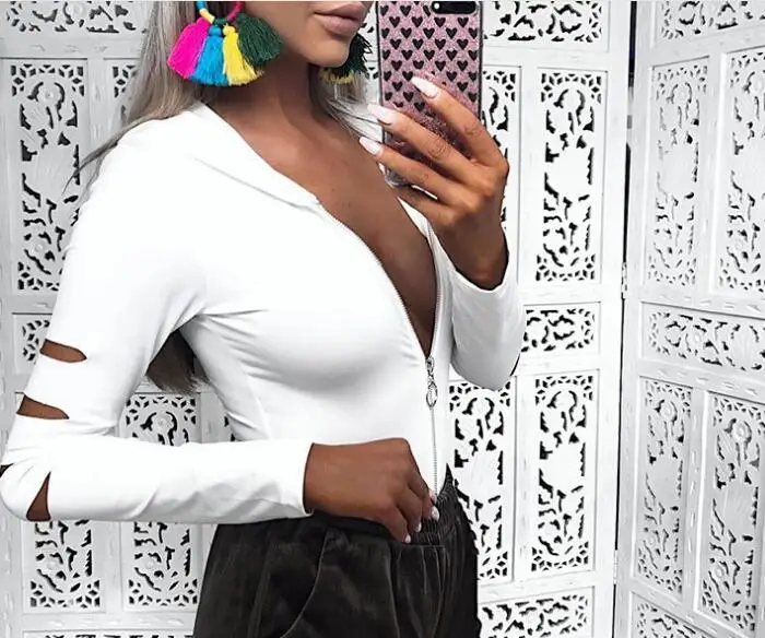 Sexy Jumpsuit hollow out Long Sleeve Bodysuit Autumn Zipper Hooded Rompers Womens Bodycon Jumpsuits | Женская одежда