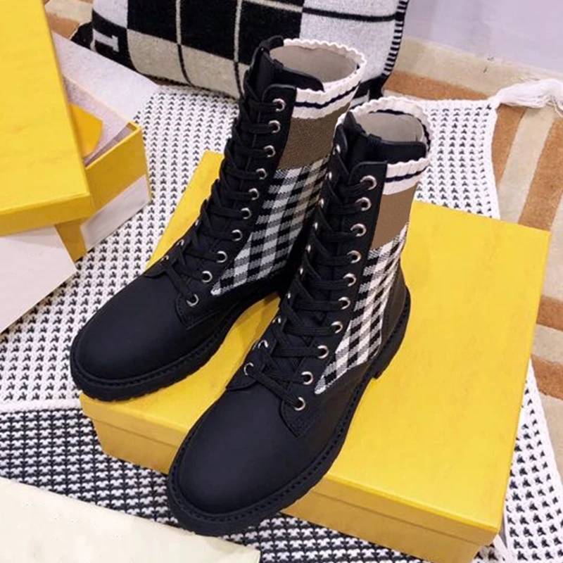 

New Black Gingham Boots Spring Autumn Brand Design Round Toe Leather Women Shoes Vintage Fashion Female Boots