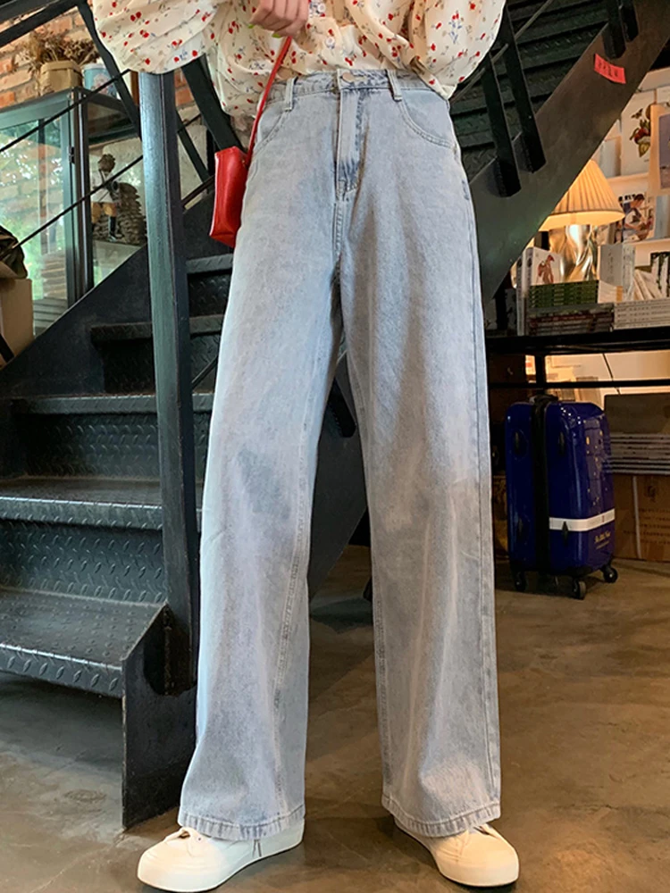 Осенние джинсы с высокой талией широкие синие винтажные прямые в стиле Харадзюку