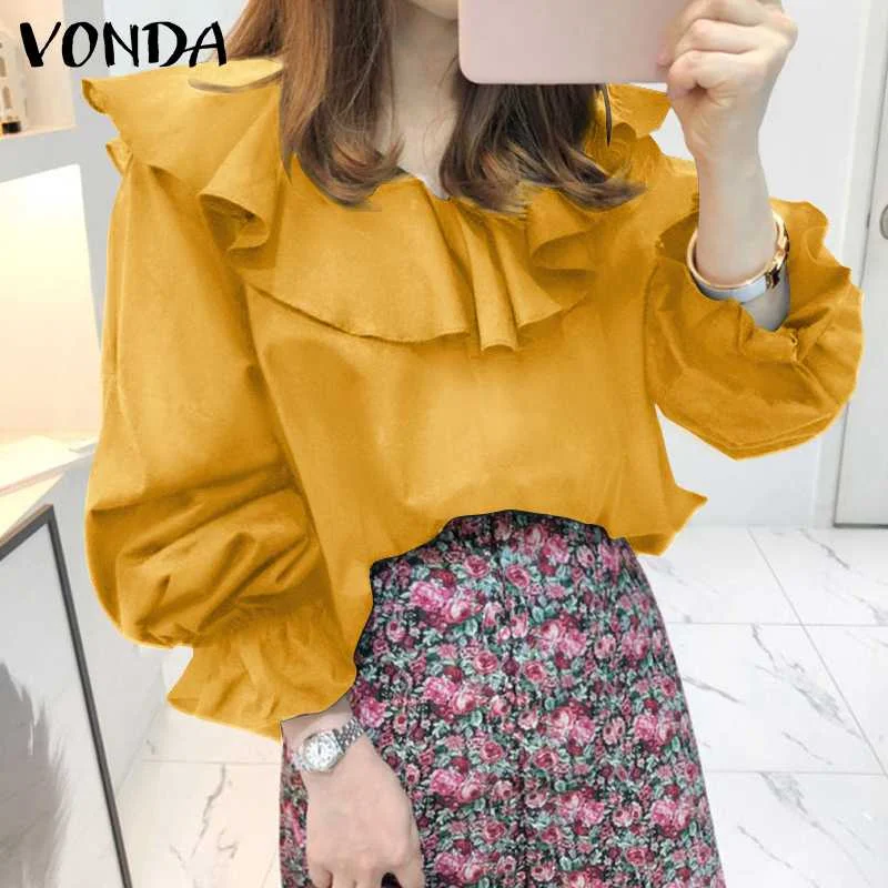 

Women Ruffle Blouse VONDA 2021 Ladies Long Sleeve V Neck Solid Casual Loose Office Shirts Bohemian Blusas Office Tops