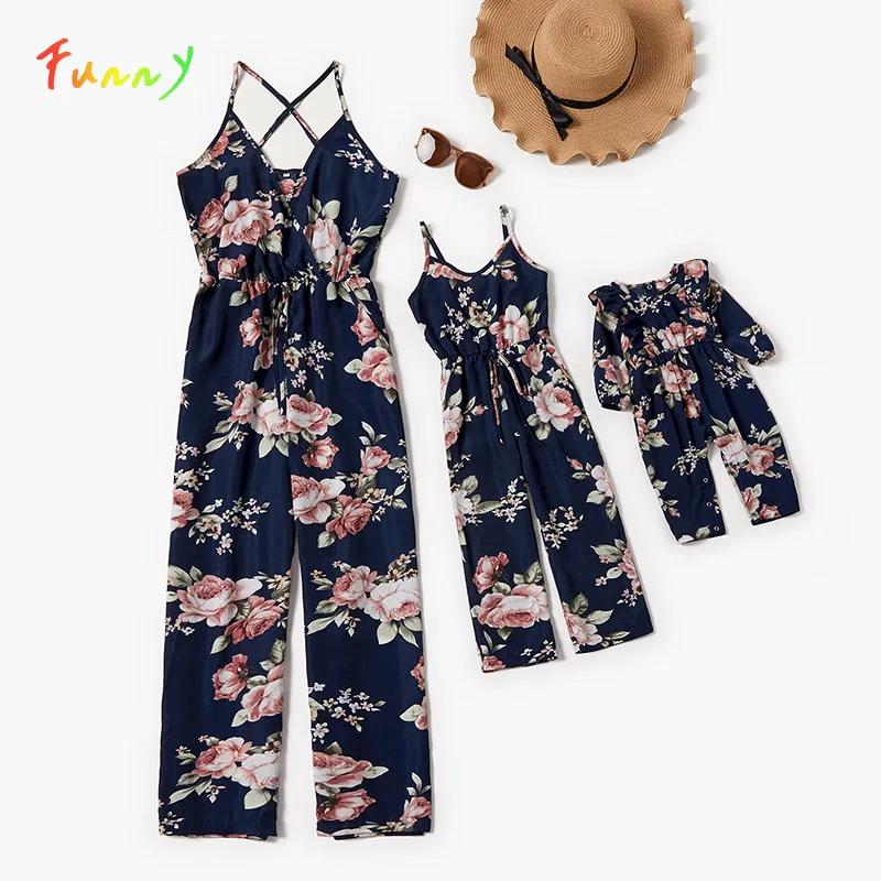 

Комбинезон для мамы и дочки, комбинезон с цветочным принтом и открытой спиной, комбинезон с V-образным вырезом и высокой талией, брюки, летня...