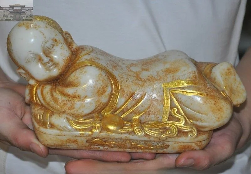 

Exquisite China Old Jade Gilt Carved Boy Statue Iiving Room Decoration Home Gift