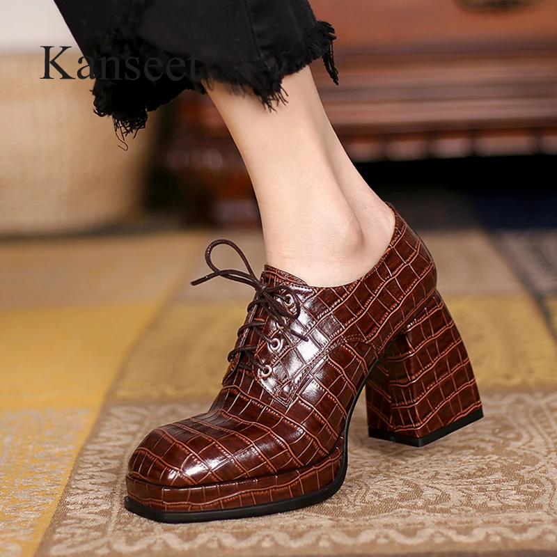 

Туфли Kanseet женские на платформе, высокий толстый каблук, квадратный носок, натуральная кожа, на шнуровке, вечерняя Обувь, коричневые, осень